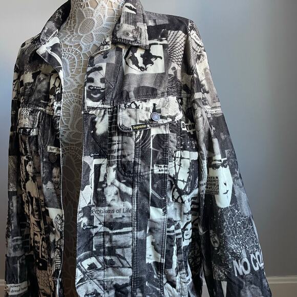 Supreme 2018 Vibrations Corduroy Trucker Jacket sz Large Black & White Men’s - Picture 3 of 9